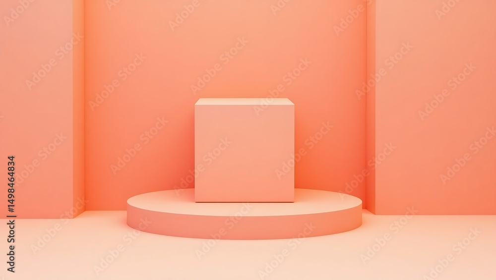 Poster peach cube on round platform for product display and presentation