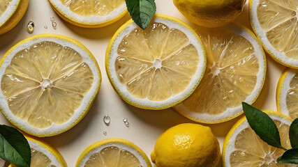Vibrant citrus composition with bright lemon slices and natural mint accents on clean backdrop. Great for product branding or summer-themed designs.