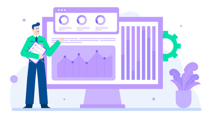 Man by computer showing graphs_Charts, business analysis, data visualization, financial reports, technology, office work, presentation, stock market concepts.