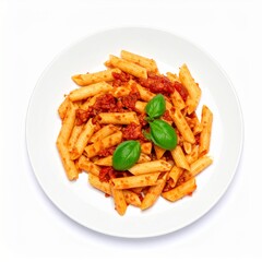 Gluten-free pasta with tomato sauce and basil isolated on white background for Italian cuisine or special diet concept