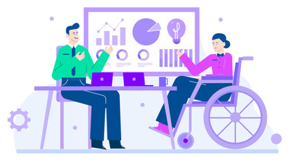 Two professionals in a wheelchair reviewing_Charts together. Perfect for disability inclusion, business collaboration, workplace diversity, and accessibility concepts.