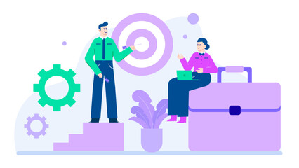 Man with an arrow, standing on a step, in front of a woman sitting on a briefcase. Suitable for business, goalsetting concepts.