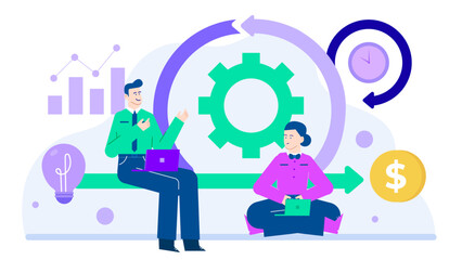 Business development process being discussed by two professionals. Suitable for business presentations, marketing materials, or strategy workshops.