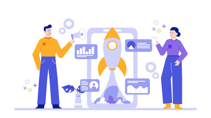 Man and woman launching a rocket with a smartphone. Perfect for technology, innovation, teamwork, space exploration concepts in design projects.