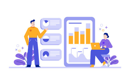 Two people analyzing graphs and discussing statistics. Perfect for business presentations, financial reports, teamwork concepts, market analysis visuals.