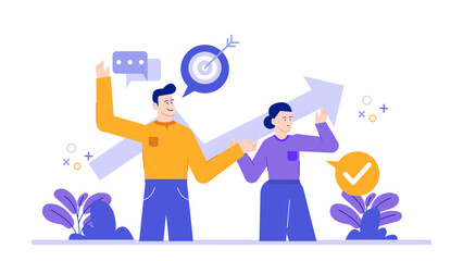 Two people pointing at an upward arrow and a target; suitable for business strategies, goal setting, teamwork, success concepts.