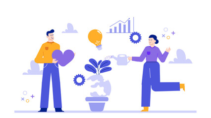 Two people caring for a plant with a light bulb and watering can illustration