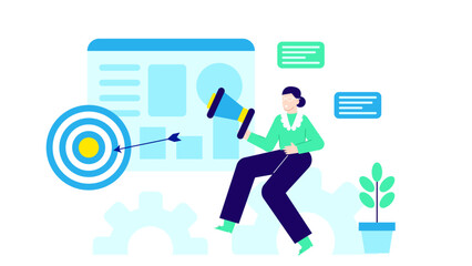 Person holding a megaphone aiming at a target. Marketing strategy, communication, reaching goals, leadership, motivation concepts, business presentations.