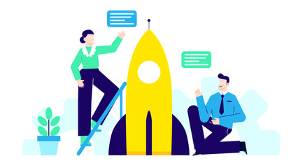 Two people outdoors launching a yellow rocket; ideal for science themed educational materials, space exploration concepts, or teamwork illustrations.