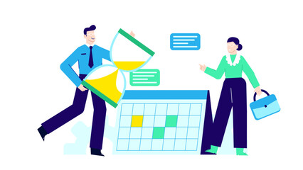 Two people holding a giant hourglass and calendar. Perfect for time management, scheduling, planning, teamwork, business concepts, and productivity.