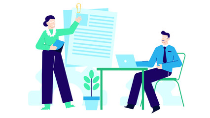 Businesswoman presenting contract to businessman in office, perfect for business meetings, partnerships, negotiations, corporate communication, teamwork, workplace scenarios.