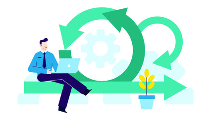 Two people collaborate on a project with a lightbulb idea and hourglass. Suitable for teamwork, creativity, innovation concepts.