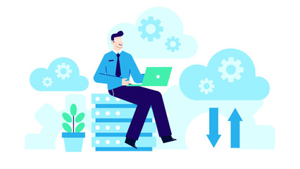 Man in a blue shirt sits on a server rack with a laptop. Suitable for technology, data management, servers, IT, and remote work concepts.