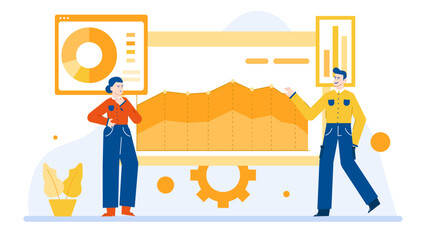 Two people analyzing business data with graphs and charts. Perfect for presentations, financial reports, meetings, and corporate communications.