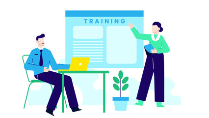 Training session featuring two people discussing, business activity illustration