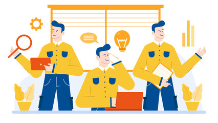 Three men in yellow shirts collaborating in an office setting. Suitable for business, teamwork, workplace, diversity, and office culture concepts.