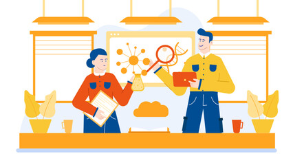 Two scientists discussing a chemical formula, suitable for science blog articles, educational materials, and pharmaceutical industry promotional material.