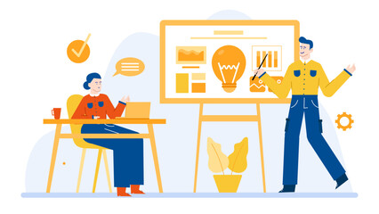 Two individuals meeting, brainstorming ideas, discussing business strategy. Suitable for presentations, websites, business blogs, strategy articles, and teamwork visuals.