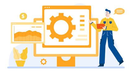 Man showing a graph and gear on a computer screen. Suitable for presentations, technology concepts, data analysis, and innovation themes.