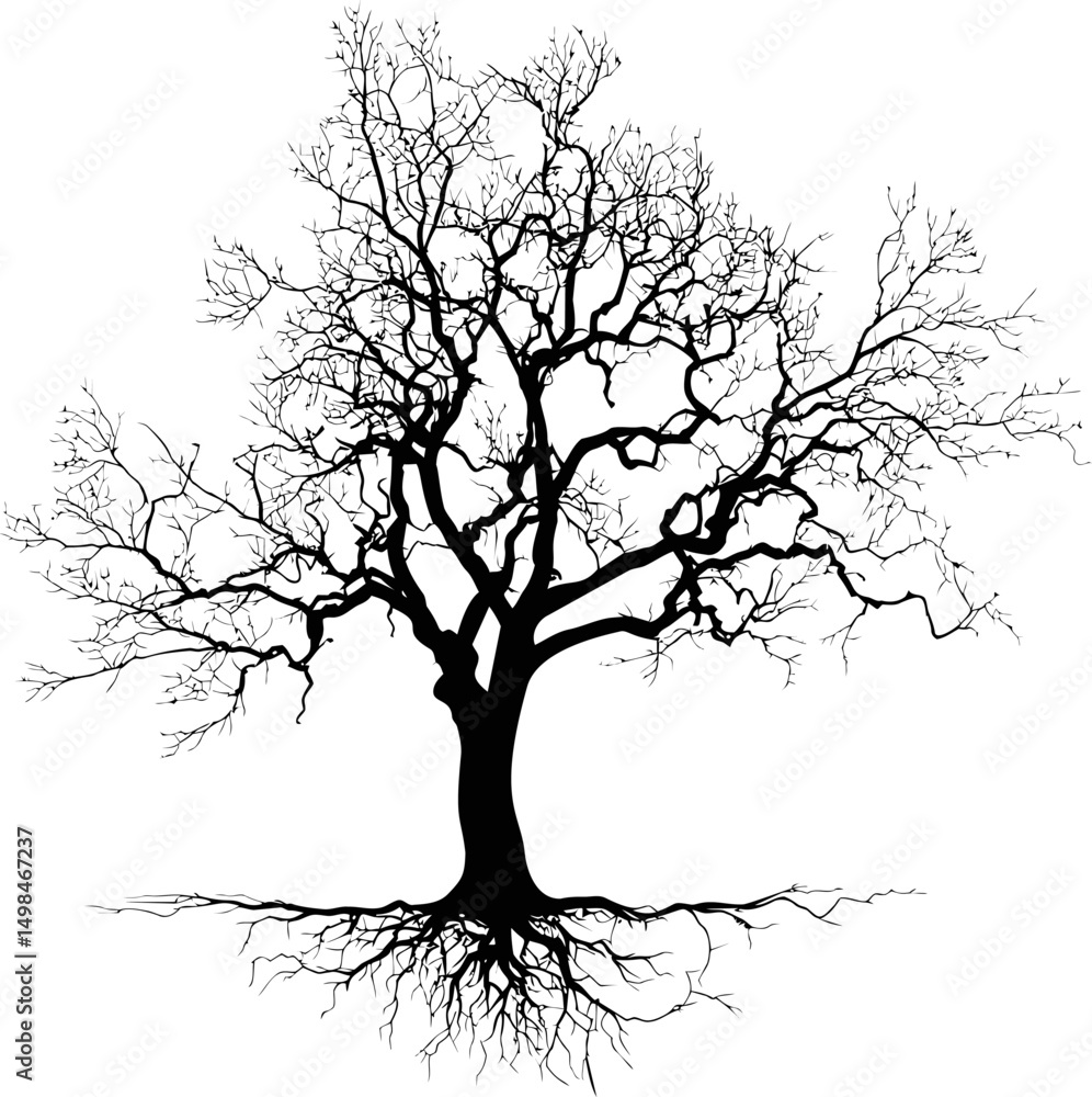 Aufkleber silhouette of a leafless tree with sprawling branches and roots on white. vector illustration