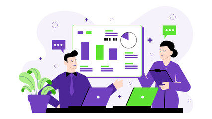 Two people comparing data on a chart using laptops. Suitable for business presentations, financial reports, teamwork concepts, and brainstorming ideas.