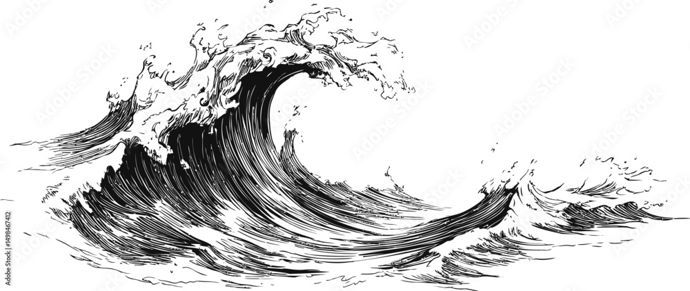 Aufkleber black and white woodcut style ocean wave crashing with dynamic lines. vector illustration