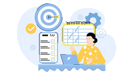 Woman diligently works on laptop with checklist and calendar, ideal for productivity, organization, planning, scheduling, working remotely, and freelancing themes.