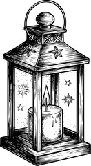 Fototapeta premium Vintage lantern with a candle and star patterns in sketch style illustration. Vector illustration