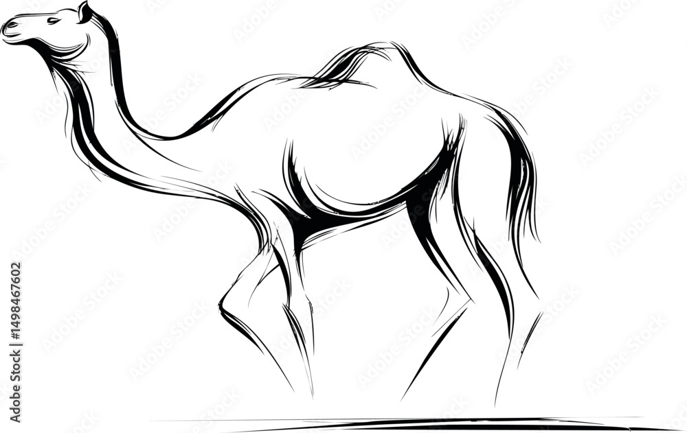 Poster elegant black and white sketch of a camel with flowing lines, artistic concept. vector illustration