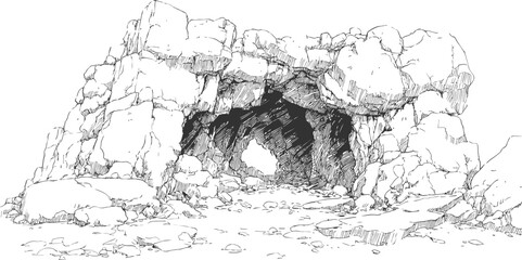 Sketch of a rocky cave entrance with detailed shading and rugged terrain. Vector illustration