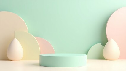 Fototapeta premium Pastel podium with egg shapes and round backdrops in soft colors