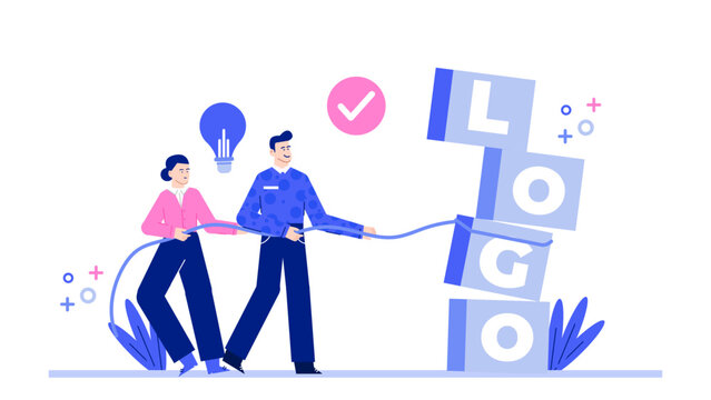 Two people building a logo with blocks. Suitable for branding, teamwork concepts, business design tips, building creative ideas through collaboration.