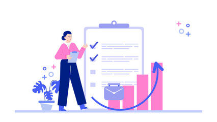 Woman standing near a checklist and growing bar graph, ideal for business progress, goal setting, task completion, time management concepts.