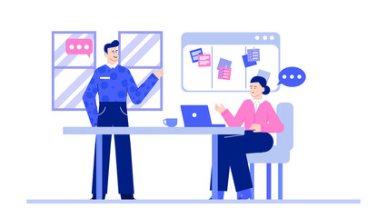 Man and woman discussing in a modern office setting, suitable for illustrating workplace communication and collaboration in corporate presentations or advertisements.