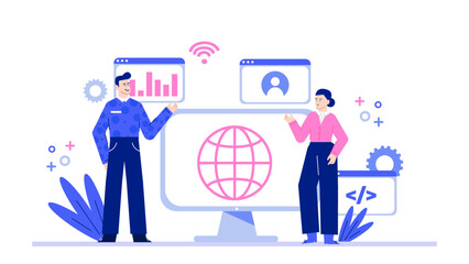 Two people next to computer with globe image, suitable for technology or global communication concepts in web design projects.