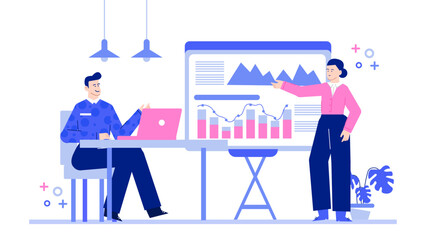 Man at desk listening to woman presenting graph. Suitable for business presentations, team meetings, corporate communication projects, and finance concepts.