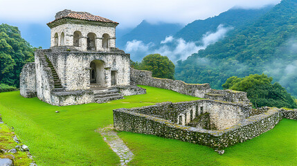 Naklejka premium Ancient stone ruins nestled in lush green mountains, shrouded in mist; a captivating scene of history and nature.