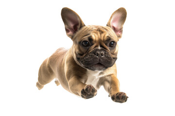 Obraz premium Energetic brown french bulldog puppy leaping forward against white background, cut out
