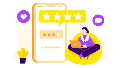 Woman rating phone app on laptop, sitting in chair. Suitable for technology reviews, app ratings, online feedback concepts in design.