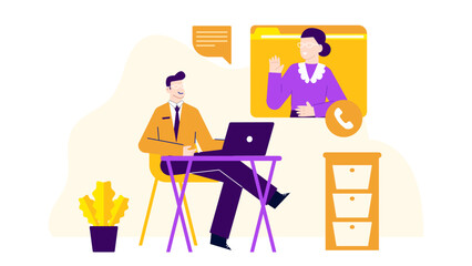 Man on laptop video call with woman at desk. Suitable for remote work, virtual meetings, technology, communication, and video calls.