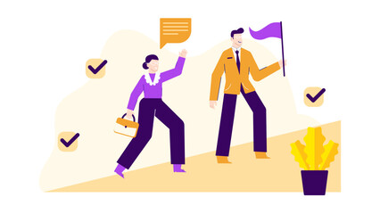 Two people walk outdoors holding checkmarks and a potted plant, ideal for concepts of teamwork, success, growth, and environmental sustainability.