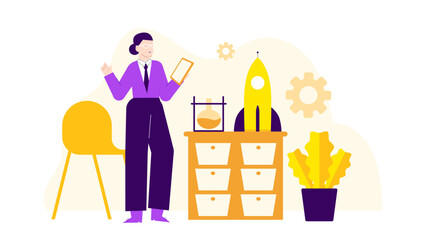 Woman holding a tablet in front of a yellow rocket, perfect for technology, space exploration, innovation, and futuristic concepts.