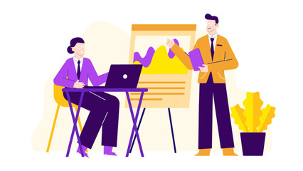 Two people engaged in a discussion during a presentation, suitable for business, teamwork, communication, collaboration, workplace, meeting concepts.