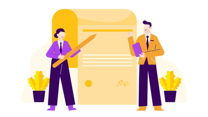 Two people standing by a yellow sign with a signature. Suitable for marketing, business, contracts, partnerships, and legal concepts.