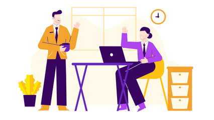 Two people working in a modern office with a desk, laptop, and a plant, suitable for business or co-working concepts.