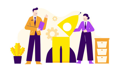 Man and woman engineers construct a rocket together with tools in a workshop. Suitable for science, teamwork, aspirations, and innovation concepts.