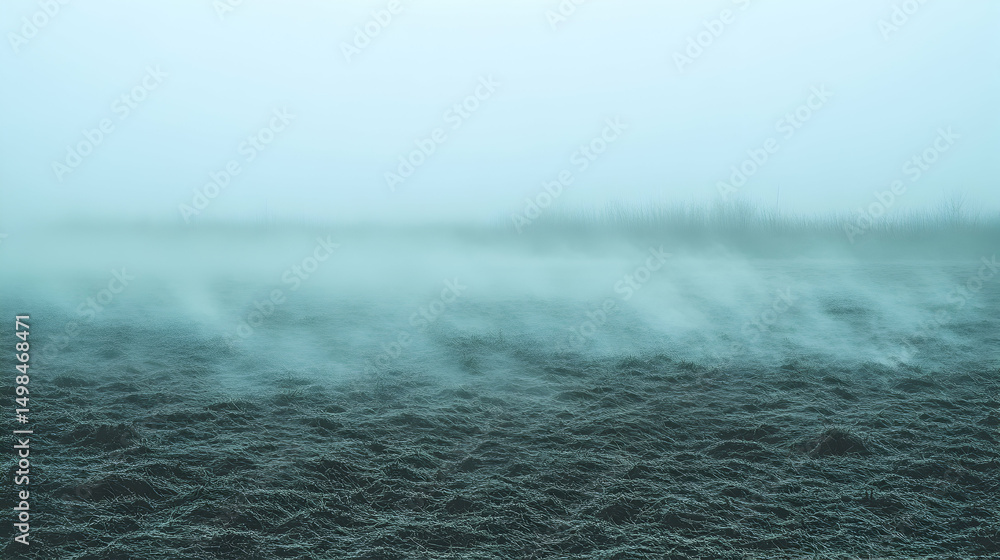 Poster mystical fog rolling across a frozen field at dawn, creating a serene and ethereal atmosphere.