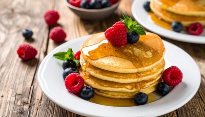 Golden Fluffy Pancakes with Maple Syrup and Fresh Berries on Rustic Wooden Table Setting