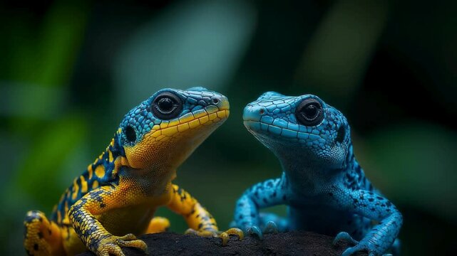 Vibrant Blue and Yellow Lizards Face to Face in Close Up