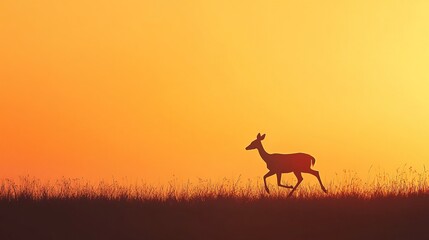 Naklejka premium Elegant deer silhouette running at sunset against a vibrant orange gradient sky, minimalist wildlife scene for nature themed, environmental or outdoor adventure branding.
